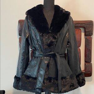 Chic Black Faux Leather with Faux Fur Trim Jacket